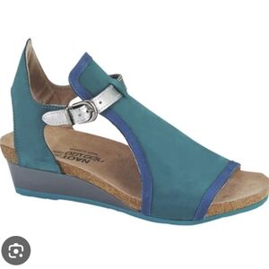 Naot Leather Wedge Sandals Fiona Teal/Blue Fantasy Sz 37 6 Open Toe